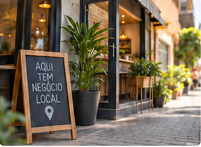 Imagem ilustrativa criada com IA: placa de calçada em frente a uma loja